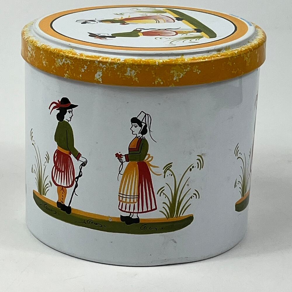 HB Henriot Quimper Yellow Breton Biscuit Tin Massilly France Folk Art 4.5" Round - Picture 2 of 11